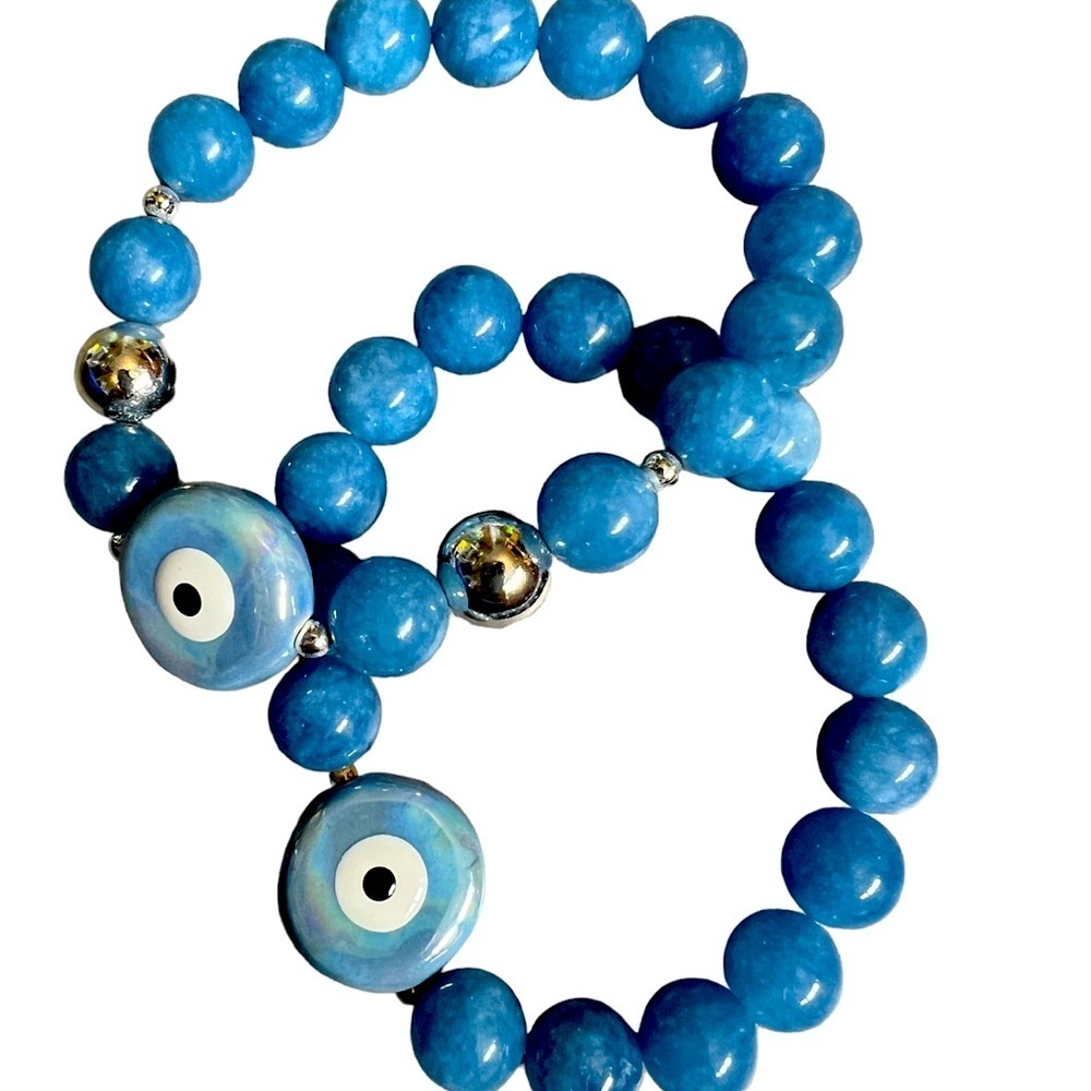 Blue Agate beaded stretch bracelet with enamel evil eye